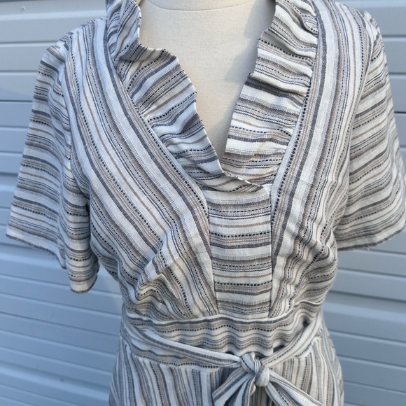 White and Tan Wrap Midi Dress with Cowl Neck and Flutter Sleeves size 10 - Picture 5 of 13